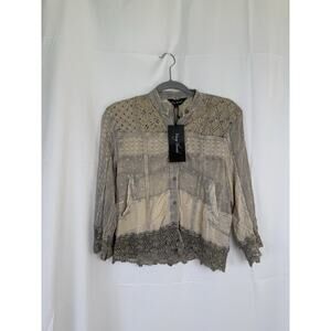 Young Threads Latte Cream Lace Patchwork Button Down Shirt Size Small Boho